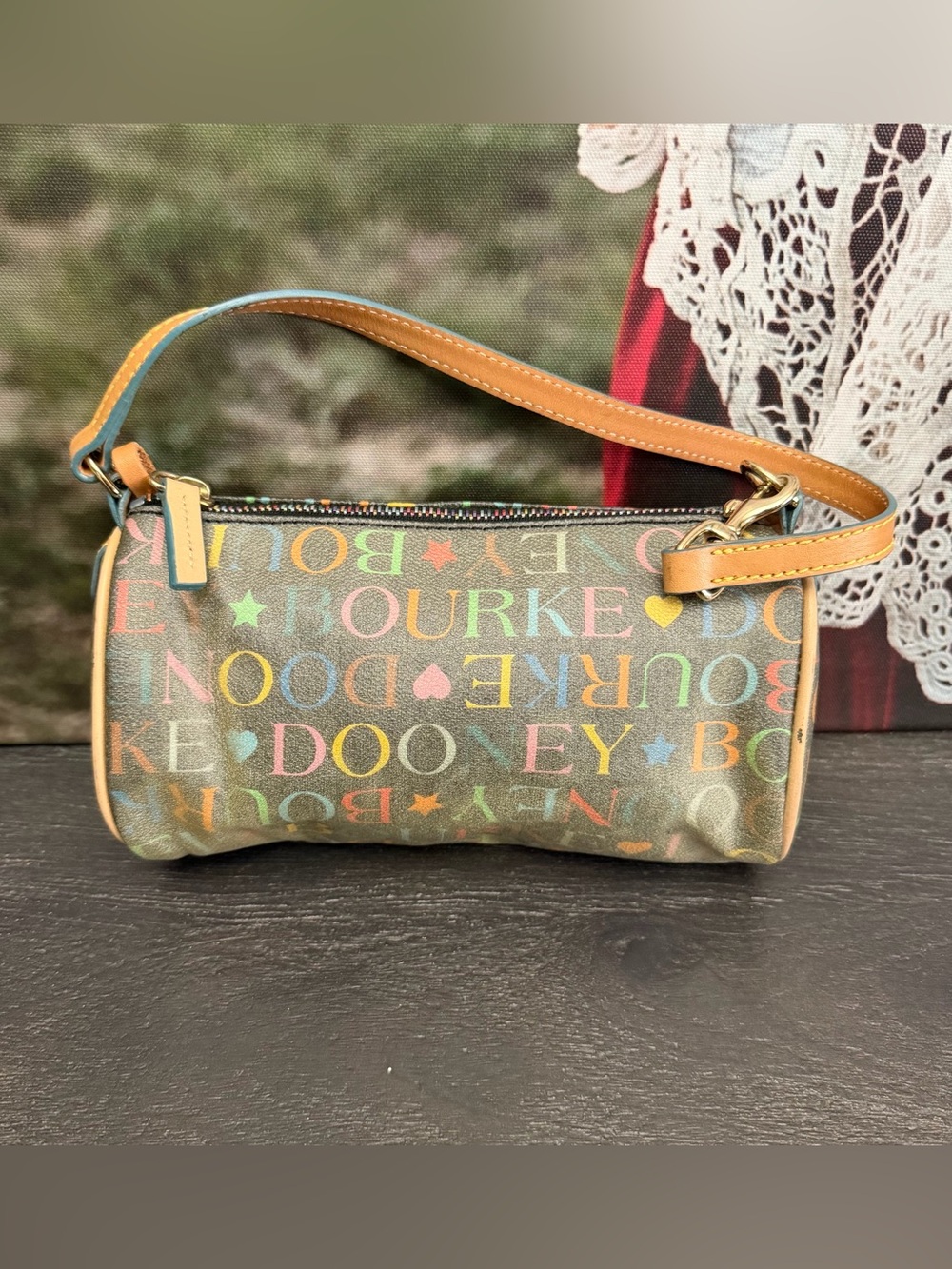Vintage Dooney & Bourke Multicolor Script mini shoulder barrel bag